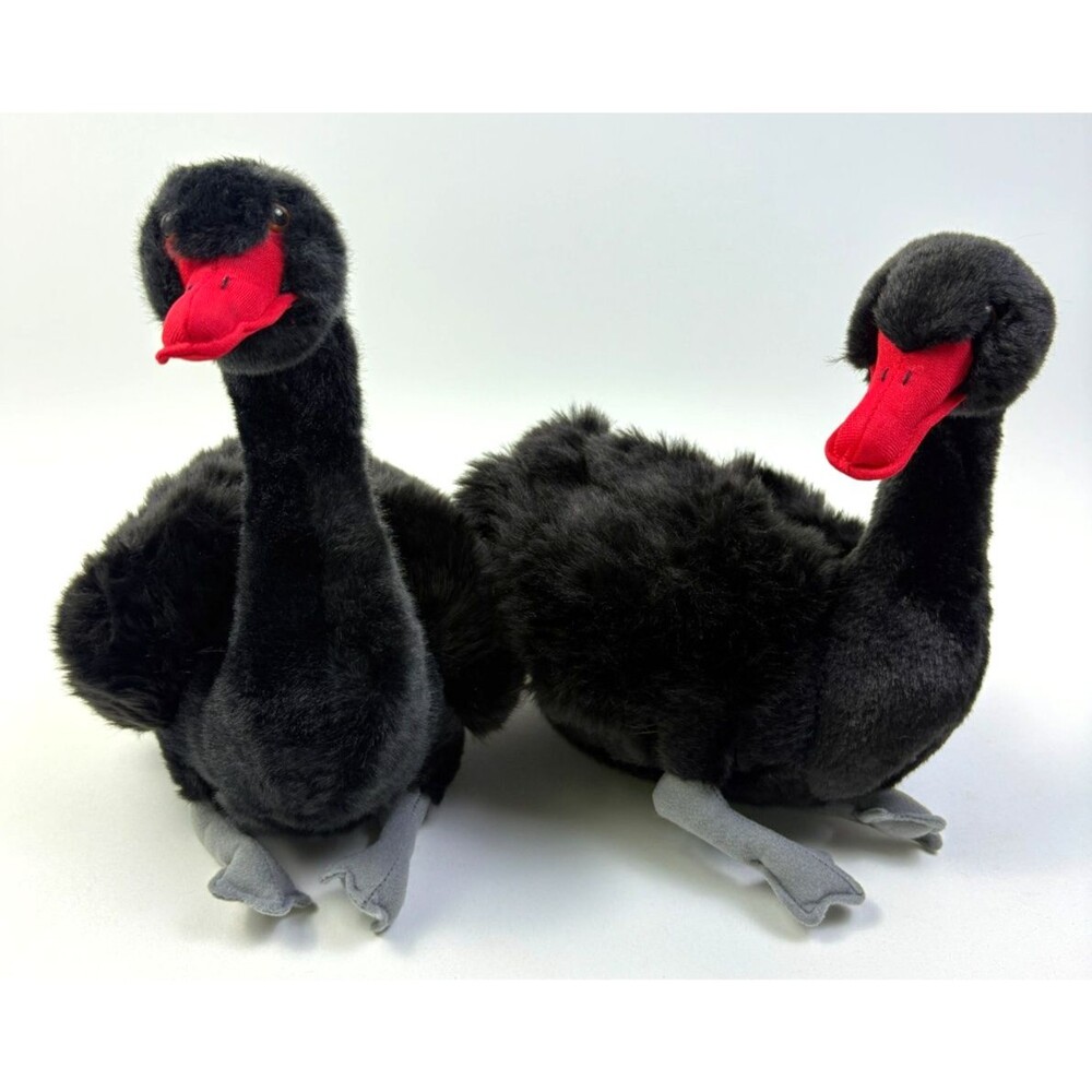 NWOT Wildlife Animals Black Swan Plush Pair Red Beaks Fluffy Wings 10"